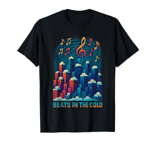 Beats nel Freddo Inverno Città Skyline Note Musicali Grafica Maglietta