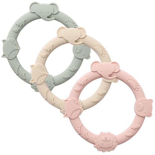Image of YIVEKO Silicone Teethers for Babies 0-6 6-12 Months Teething Toys for Infants Baby Chew Toys for Sucking Needs Baby Teething Rings for Infant Boys and Girls 3 Pack-Animal-Blush