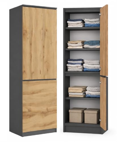 KUBUTKU Armoire polyvalente, penderie, armoire à vêtements avec 2 portes et 5 compartiments, armoire universelle pour bureau et maison, 180,5 x 50 x 40 cm (gris/chêne Wotan)