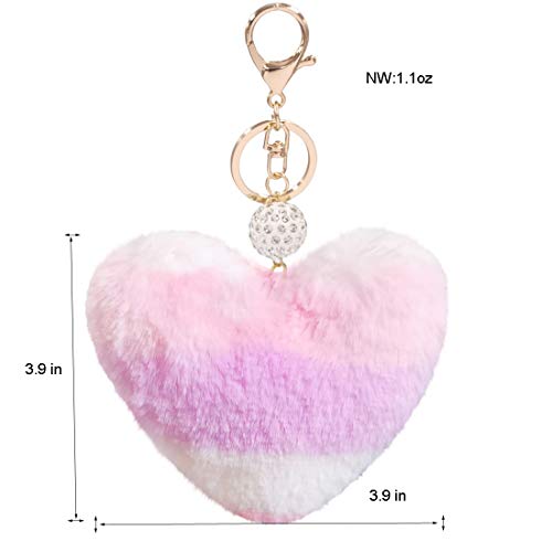 Image of Women's Heart Faux Fur Pom Pom Key Chains Bag Accessory Puffball Keyring Backpack Charms for Girls