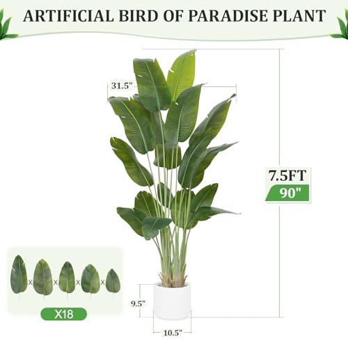 Image of Artificial Bird of Paradise Plant 7.5Ft Tall Fake Tropical Palm Tree Large Fake Plants with 18 Silk Banana Leaves Faux Plant Indoor Decor Trees White Pot for Home Bedroom Living Room Office
