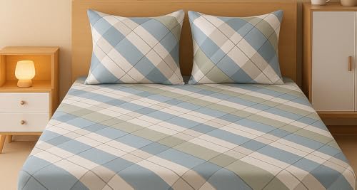 Image of 400 TC Cotton Feel Glace Cotton Double Bed Elastic Fitted Bedsheets Queen Size 78 x 60 Inches || 1 Elastic Bedsheet Queen Size Cotton & 2 Pillow Covers (Tokyo)