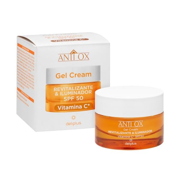 DELIPLUS Gel crema facial revitalizante iluminador ANTI OX con FPS 50 y Vitamina C para piel normal, mixta y grasa