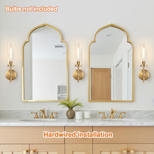 Image of [Hardwired] Wall Sconces Set of Two, Brushed Gold Bathroom Sconces with Clear Glass, Modern Wall Light Fixtures for Bathroom Mirror Vanity, Living Room, Bedroom, Hallway, Stairway, Cabinet, Foyer