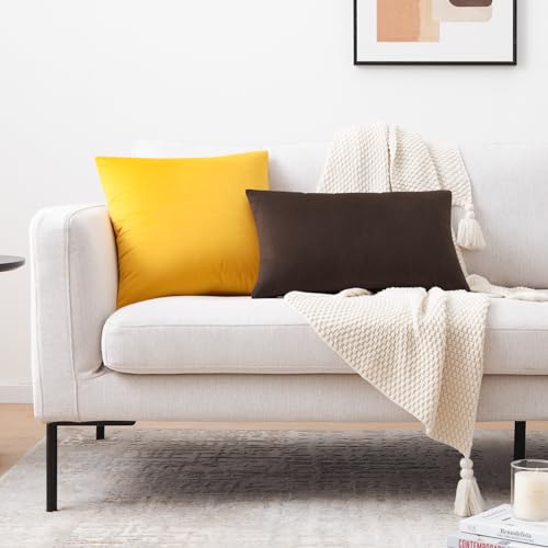 Image of Mixhug Decorative Throw Pillow Covers, Velvet Cushion Covers, Solid Throw Pillow Cases for Couch and Bed, Mustard Yellow, 16 x 16 Inches, Set of 2