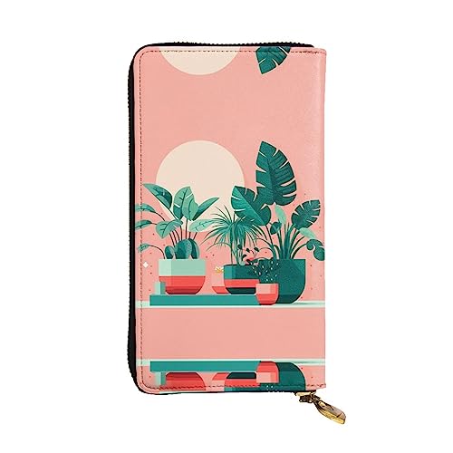 Leather Wallet - Stylish and Functional Wallet for Women with Multiple Compartments and Zipper Design Beautiful Potted Green Plants Prints, Black, One Size