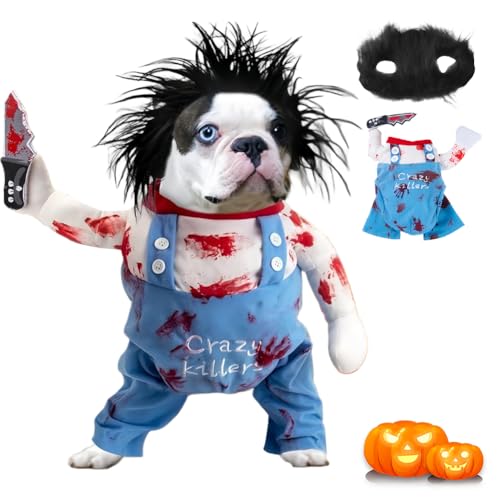 Halloween Hundekostüme für Hunde Wig and Knife, für kleine mittlere Hunde - Lustige Chucky Hundekleidung Halloween Outfit mit Perücke Messer (Verstellbare M-Größe)