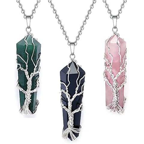 KARMAPLEDGE Handcrafted Crystal Pendant & Necklace; Spiritual Healing Crystal Necklace Pendant; Crystal Jewellery Protection Necklace (Rose Quartz, Amethyst, & Green Aventurine Double Point) Cover