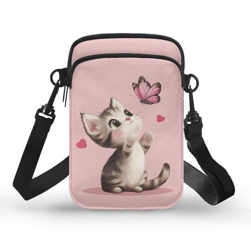 2 Layer Cat Print Crossbody Bags Polyester Shoulder Sling Bag Purses Waist Pouch for Women