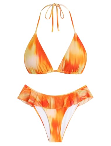 Image of ZAFUL Bikini Set for Women Two Piece Swimsuits Cheeky Triangle Bikini Ruffle Contrast Color Bathing Suit