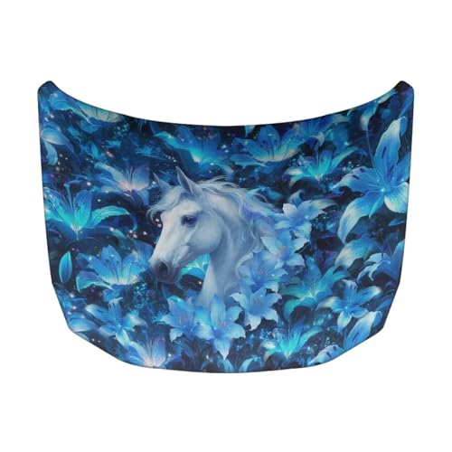 Image of Car Hood Cover Protector, an All-Weather White Horse Print Half Car Cover for Sunshade and Snow Protection, Suitable for All Seasons