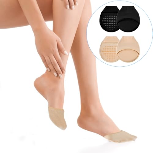 Image of Ball of Foot Cushion Socks for Women, 4 Pairs Women's Toe Cover with Padding, Toe Topper Liner Socks No Show Half Socks with Sponge Cushion (2 Black, 2 Beige)
