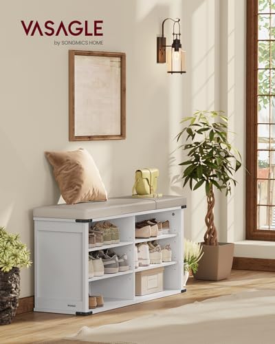 Image of VASAGLE LIRY Collection - Shoe Storage Bench with Removable Cushion, Shoe Rack with Padded Seat, Entryway Bench with 6 Open Compartmens, Adjustable Shelves, Cloud White ULSB105W01