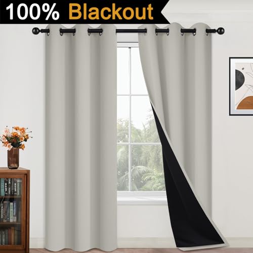 Image of Yakamok Cream Beige 100% Blackout Curtains 84 Inches Long 42 inch Wide 2 Panels | Blackout Curtain Panels for Bedroom, 2 Thick Layers Grommet Top Thermal Insulated Drapes with Black Liner for Living Room