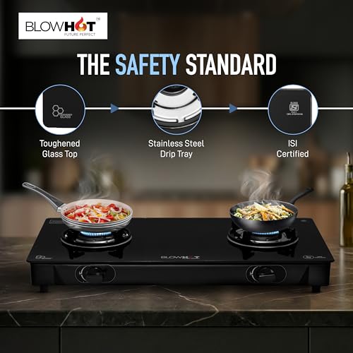 Image of BLOWHOT 2 Burner Auto Ignition PREMIUM Gas Stove | Coated Forged Indian Burners | Stainless Steel Dip Tray - 2 Year General Warranty - (5 Years On Burners Gas Valve and Glass) - Topaz