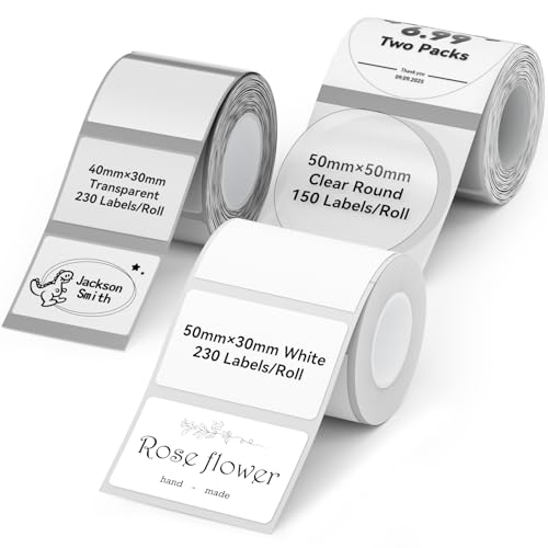 Image of NIIMBOT Thermal Label Tape 3 Rolls, Compatible with B1 B21 B31 Label Maker | Multi-Size Pack, 50x30mm White, 40x30mm Clear, 50x50mm Round | for Address, Jar, Gift, Logo & File Organization Stickers