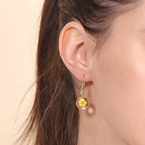 BONALUNA Pressed Flower Yellow Gold Plated Circle Dangle Drop Earrings3