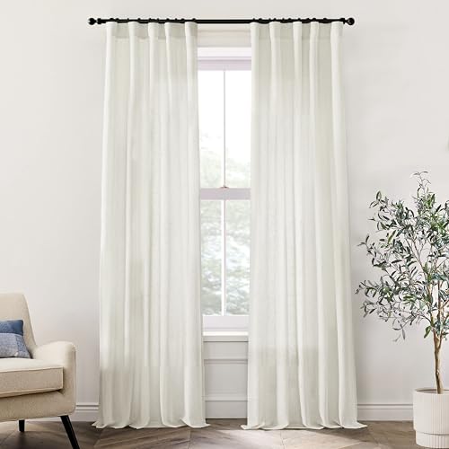 Image of XTMYI 86 Inch Linen Curtains, Semi Sheer Light Filtering Boho Back Tab Pleated Rod Pocket Drapes for Living Room Bedroom, 40 x 86 inches Long 2 Panels Set, Cream Ivory