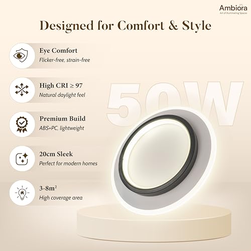 Image of LED Ceiling Light 50W - Black Round Panel, 3 Color Modes, Eye Protection, CRI ≥97, 20cm for Bedroom | Studyroom | Corridor