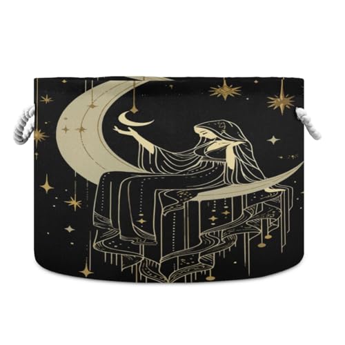 Round Storage Basket Sacral Night Beauty on Moon Starry Area Open Home Storage Bin 20 * 13.9in