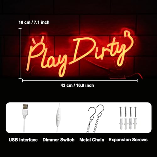 Image of Play Dirty Neon Sign Red Letter LED Neon Lights Signs Devil Neon Signs for Wall Decor Satan Neon Lights for Bedroom Dimmable Red Words Neon Light Up Sign for Bar Man Cave Party Decor