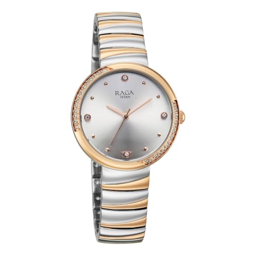 Image of Titan Raga Spotlight 2.0 Quartz Analog 3Hands Display Silver Dial IPRG+Steel Look Color Strap Watch for Women - 95427KM01