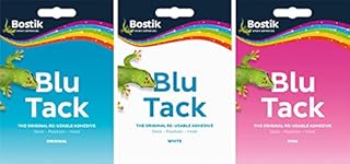 3 x Bostik Blu-tack Mastic Putty Adhesive Non-Toxic White Blue & Pink (1 Slab of Each) Approx 60g Ref 801127 801103 801608