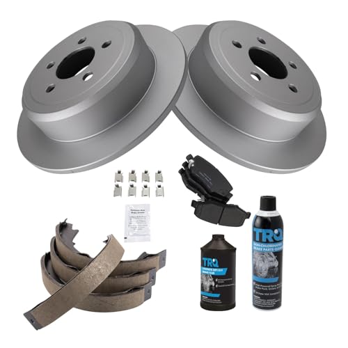Image of TRQ Rear Brake Pad & Rotor Kit, with Chemical Kit Parking Brake Shoe Set Ceramic Premium G-Coated Compatible with 2007-2011 Dodge Nitro 2008-2012 Jeep Liberty