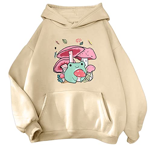 Cocila Sudadera Deporte Mujer Primavera con Estampado De Setas para Capucha Niña Adolescente (Beige, M) Larga Negra Sudaderas Casual Blanca Colores Chaqueta Tallas Grandes Muejr Grande Navidad