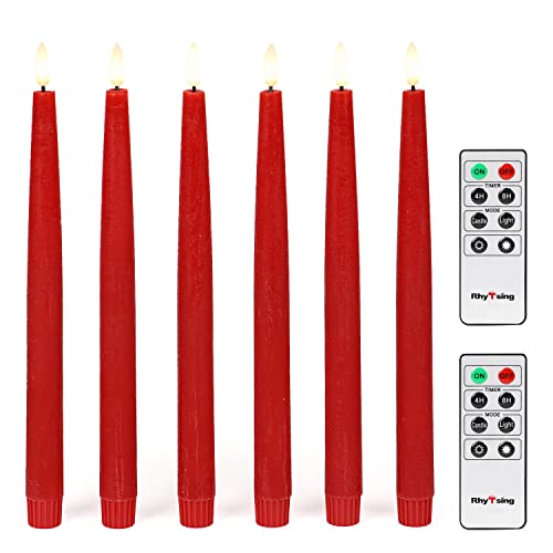 Image of Rhytsing 29cm Flameless Taper Candles with Timer, Battery Operated Dinner Table Long Candlestick Rustic Wax, Warm White LED, 2 Remotes Included - Set of 6 (Red)