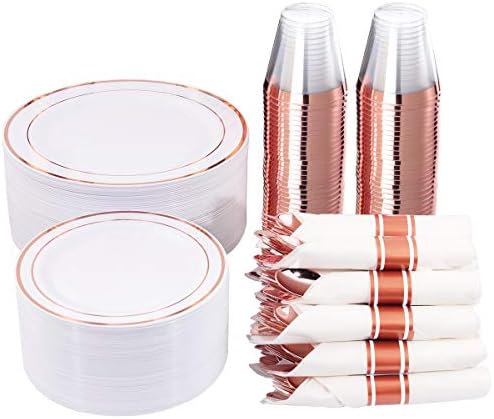 WELLIFE 350 Pieces Rose Gold Plastic Dinnerware, 50 Guests Disposable Plates with Rose Gold silverware and Cups 9 OZ, 50 Pre Rolled Napkins with Rose Gold Cutlery, Perfect for Wedding
