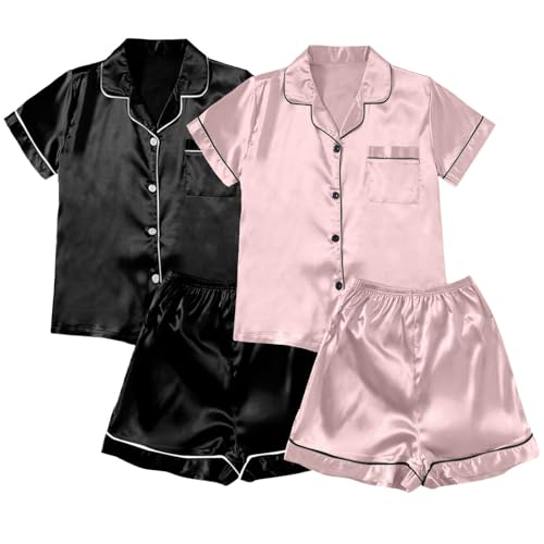Pijama para Mujer Conjuntos con Botones Raso de Pijamas Corta Encaje Satén camisón Noche Camiseta Manga y Pantalones Ropa Dormir