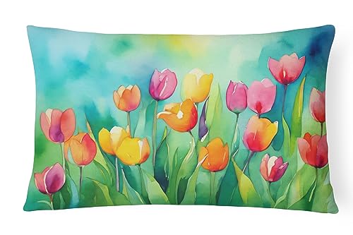 Caroline's Treasures DAC1618PW1216 Tulips in Watercolor Fabric Decorative Pillow 100% Machine Washable Pillow, Indoor or Outdoor Decorative Throw Pillow for Couch, Bed or Patio
