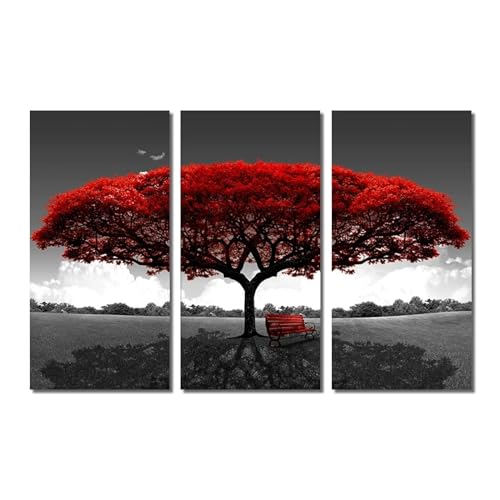 Peinture scandinave arbre rouge sur toile haute définition 3 pièces