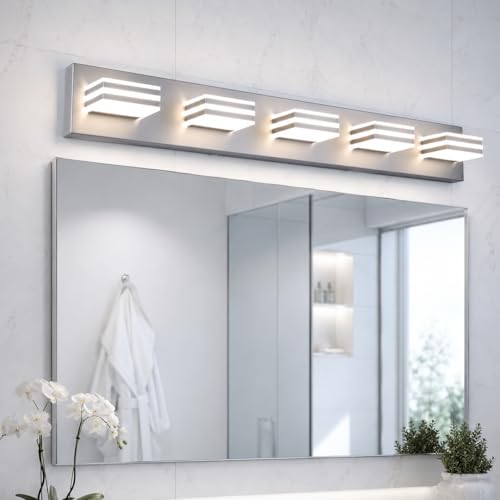 Image of Yumecrelect 5-Light Brushed Nickel Vanity Light Fixture, 34 Inch 40W 5CCT Dimmable LED Bathroom Wall Light with Clear Acrylic Shade, Hardwired Over Mirror Lighting for Master Bath