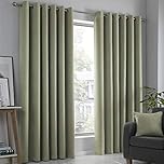 Fusion Sage Green Curtains W46 x L54" (117x137cm) – 2 Panels – Eyelet Thermal Drapes for Bedroom, Living Room & Doors – Cotton Look – Leaf Print – Strata Collection