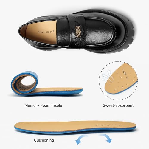 Image of BEAU TODAY Chunky Loafers for Women, Platform Penny Loafers for Women, Chunky Heel Lug Sole Leather Shoes Casual Comfortable Business Work Shoes Slip-on Black-C US 9