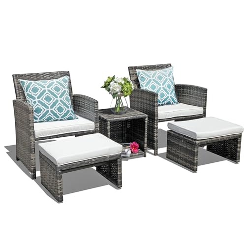 OC Orange-Casual 5-TLG Rattan Balkonmöbel-Set, PE-Rattan Gartenmöbel-Set, 2 Gartensessel mit Beistelltisch&Hocker, Gartensitzgruppe inkl. Sitzkissen&Rückenkissen, Bistroset für Garten Indoor Balkon