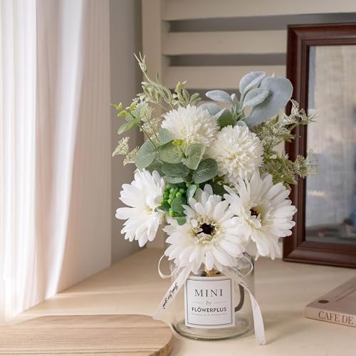 LADADA White Artificial Daisy Flower Set Glass Vase Table Centerpiece Home Decor