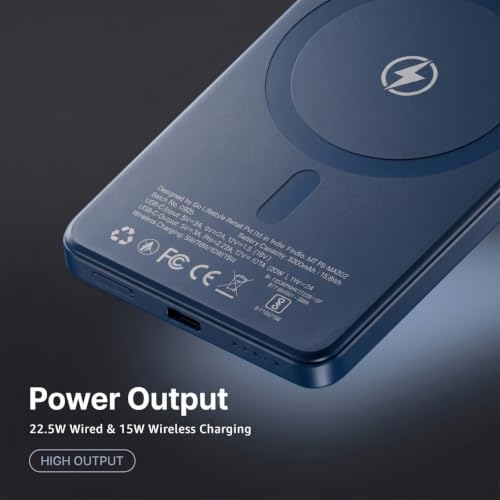 Image of Muvtech Aeroslim 5000mAh Slimmest Magnetic Wireless Power Bank, Metal Body, Ultra Slim Mini Pocket Size, 20W Fast Charging, Type-C in /Out for iPhone, Samsung & Pixel