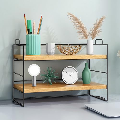 XAVSWRDE Desk Storage Shelf 2 Tiers Desk Shelf Organiser Wood Desktop Shelves Rustic Desktop Display Shelf Rack Multipurpose Bookcase Bookshelf Freestanding Desk Organizer Stand for Office Home