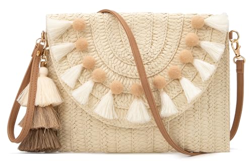 Wytidian Bolsa de mão pequena de palha para mulheres bolsa de praia de ombro ráfia bolsa de verão de tecido envelope bolsa tiracolo carteira, Bobbles Off White