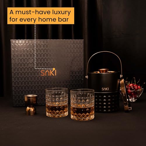 Image of SAKI Square Hammer Ice Bucket and Whiskey Glass Set | Includes 2 Square Hammer Whiskey Glasses | Stainless Steel Ice Bucket |1 Jigger | 1 Tong | Perfect for Home Parties, Gifting Solution