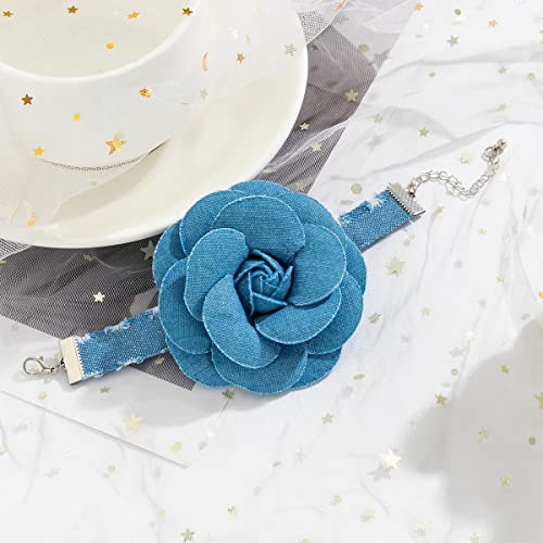 Vintage Blue Denim Flower Choker Necklace Floral Bracelet Artificial Flower Collar Necklace Wrist Band Elegant Women's Accessories (5.5 inch)3