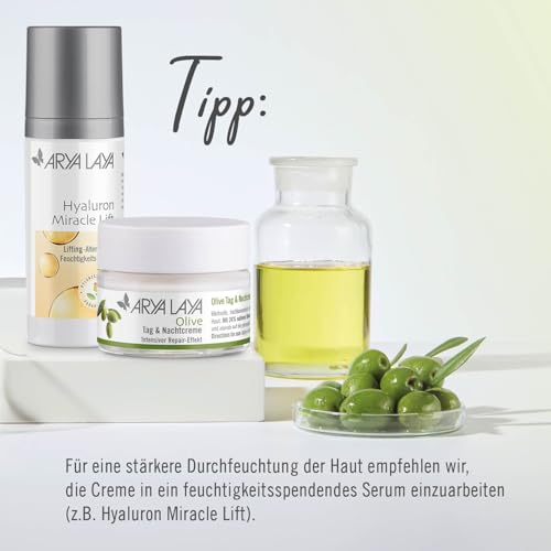 ARYA LAYA Olive Tag & Nachtpflege, 50 ml – Gesichtscreme mit intensivem Repair-Effekt, zur Belebung müder Haut, wirkt Verlust von Glätte & Spannkraft entgegen, Radikalfänger, vegan