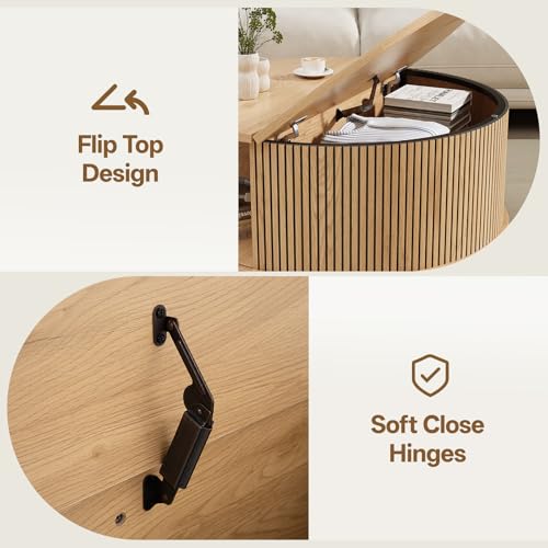 Image of Round Coffee Table with Storage, Mid Century Modern Coffee Table, Fluted Dining Table with Sliding Door, Circle Coffee Table for Living Room Home Office, 31.5 inch, Oak