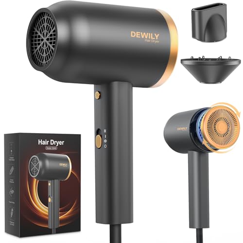 Secador de Pelo Iónico con Difusor DEWILY 1800W - Secado Rápido con Botón Frío/Calor, Difusor Termostático, 3 Temperaturas y 2 Velocidades, Incluye Concentrador y para Rizos,Negro y Dorado