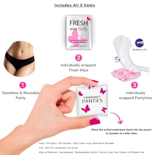 Emergency Panties 4in1 Kit = Seamless Underwear, Fresh Wipe & Liner Accidents Travel On-The-Go Toiletry Kit Plus Size fit 1X-3X Black Bikini2