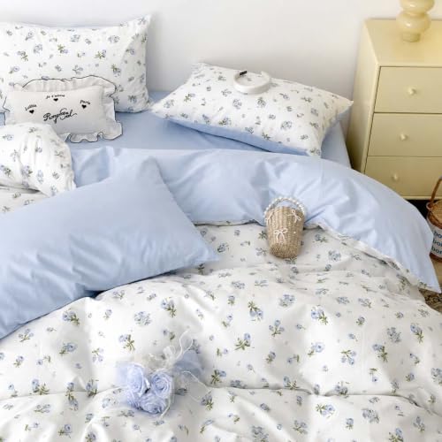 Image of Nayoroom Blue Floral Duvet Cover Queen Reversible Cottagecore Bedding