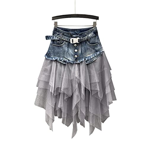 Women Denim Mesh Patchwork Lace Skirt High Waist A Line Asymmetric Frill Tulle Gothic Skirts Mini Denim Skirt